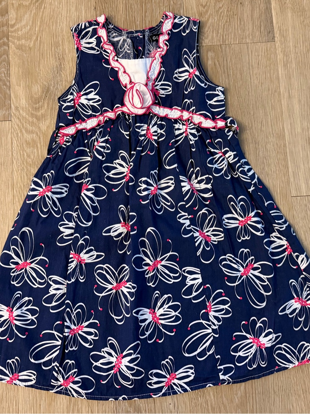 George Girl's Size 6 Navy & White Floral Sleeveless Dress With Pink Trim